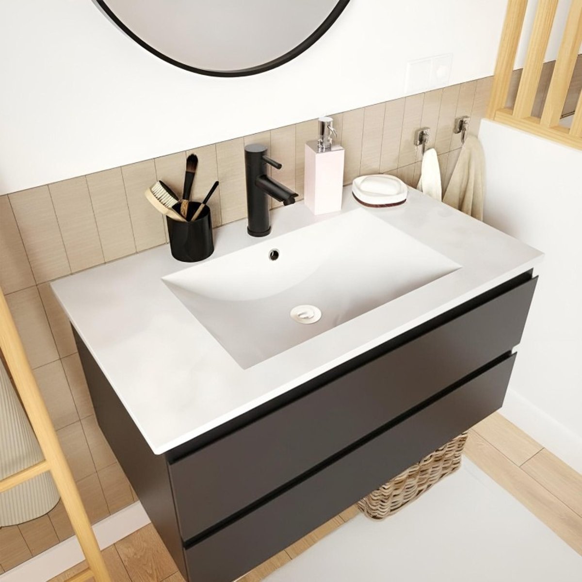 Meuble simple vasque 80cm décor chêne avec robinet et miroir SORRENTO noir satiné, MOB IN
