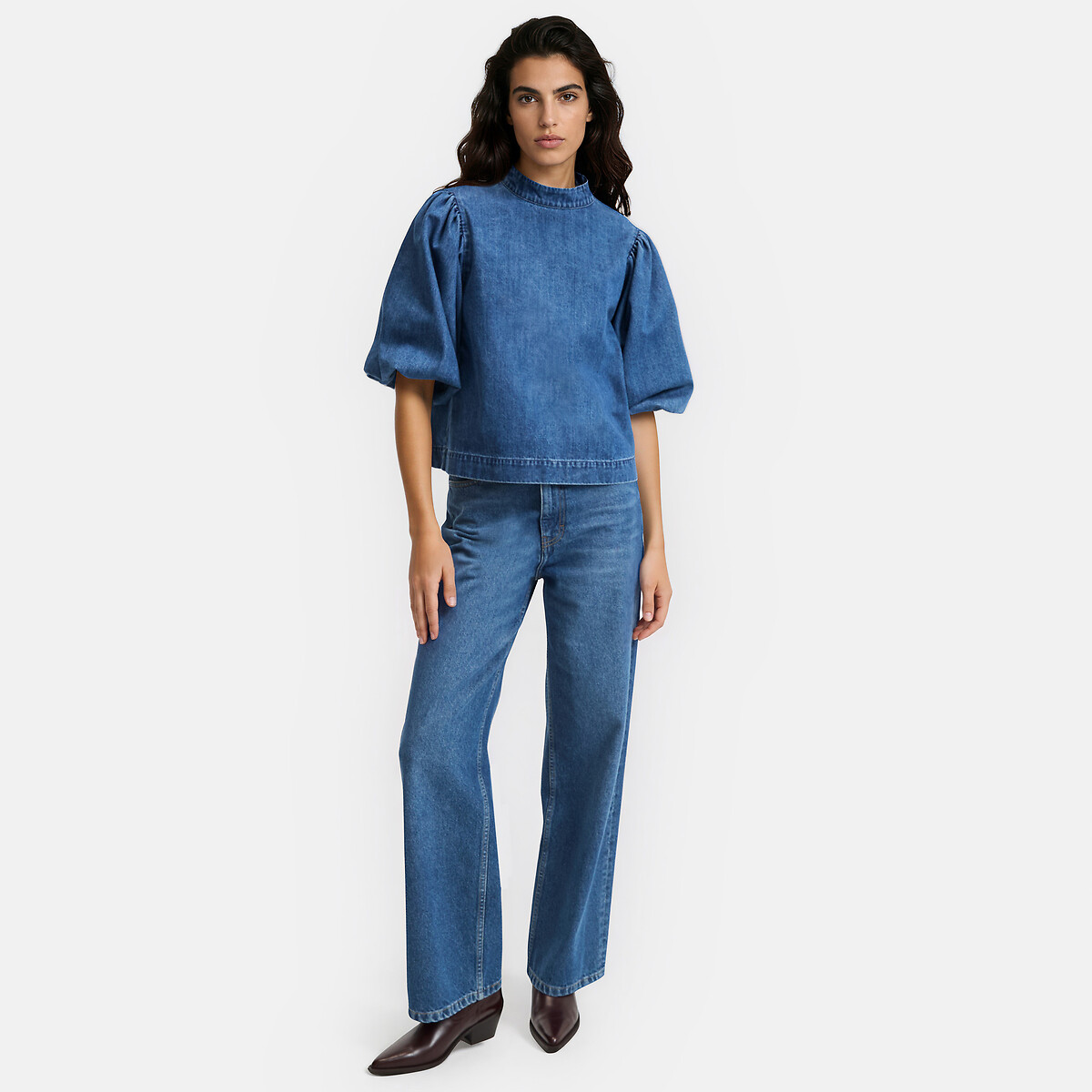 Camicetta in denim con maniche corte a palloncino blu stone, LA REDOUTE COLLECTIONS