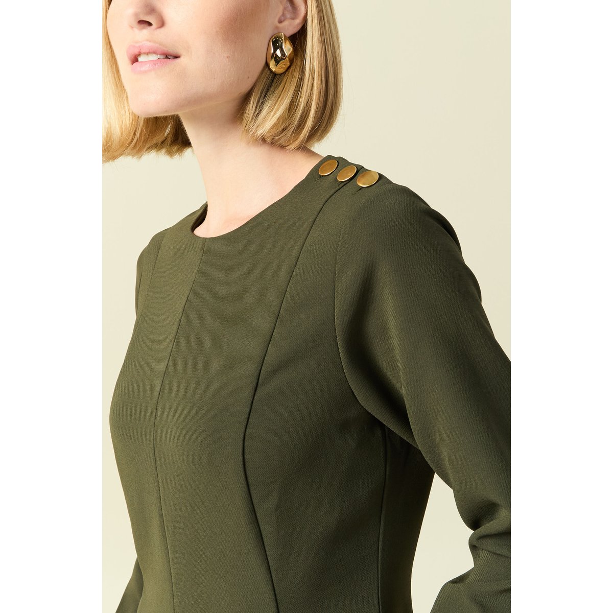 Robe fluide manches longues col rond vert kaki, BONOBO