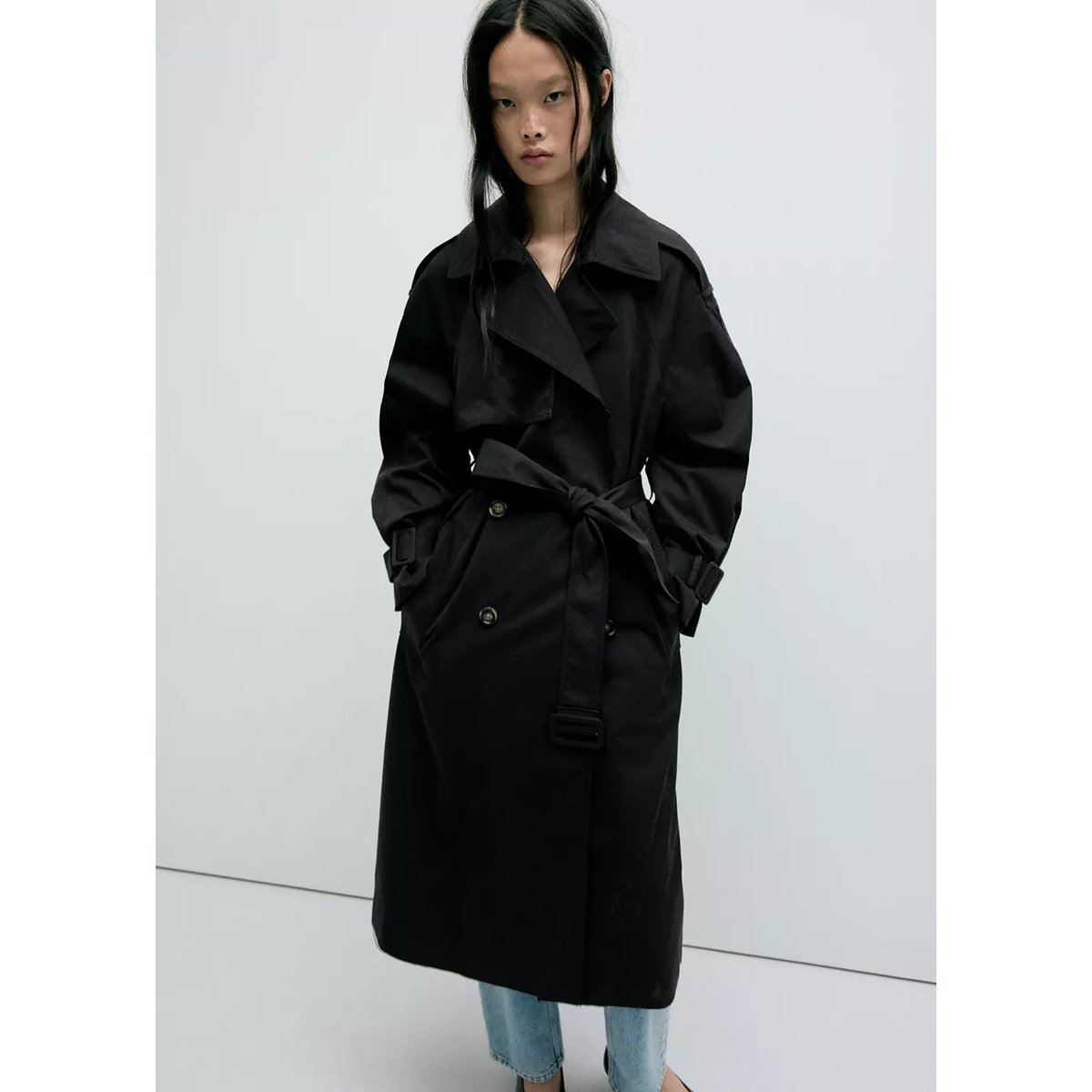 Trench long double boutonnage noir, MANGO