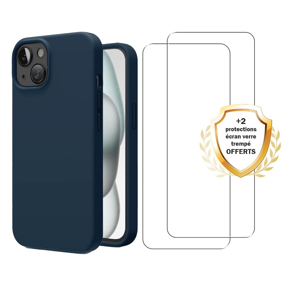 Coque iPhone 15 antichoc + 2 vitres bleu, EVETANE