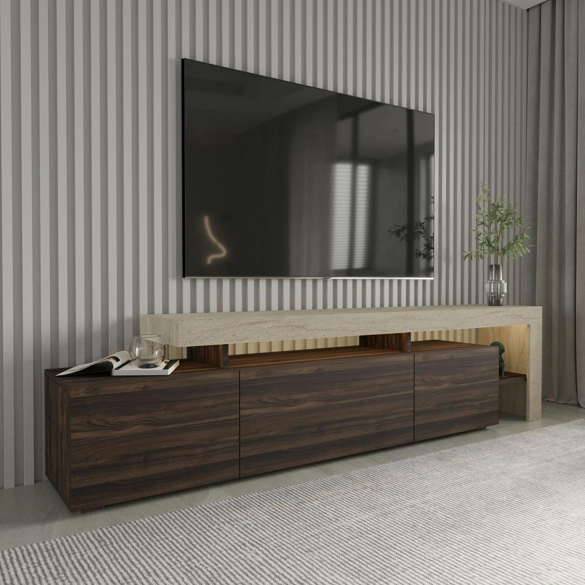 Meuble TV 3 portes, éclairage LED AURA chêne, PIER IMPORT