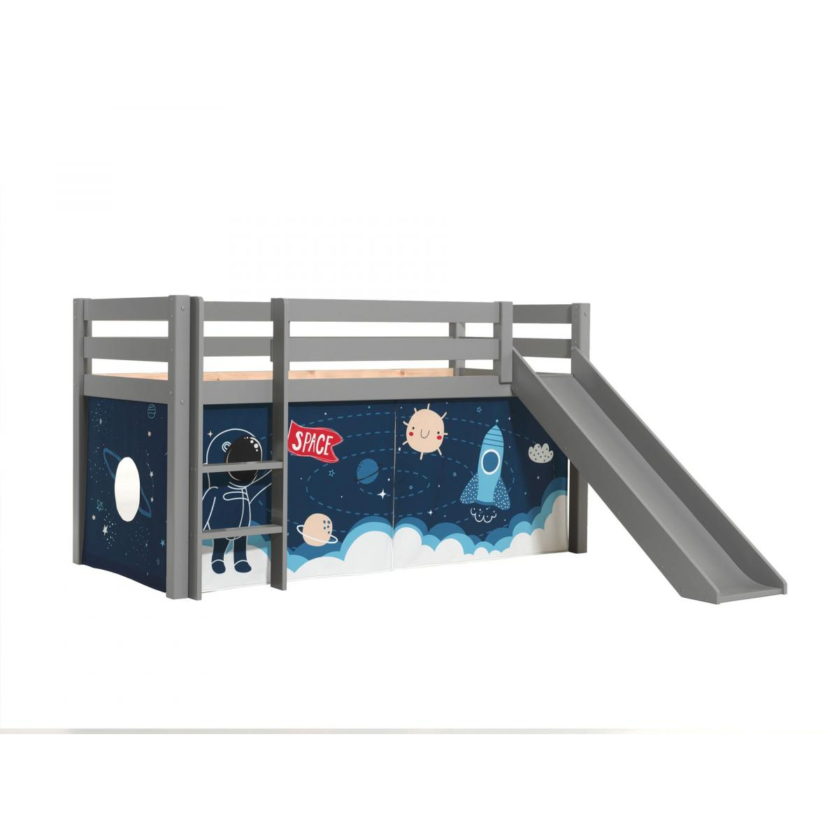Lit Enfant Surélevé Avec Toboggan + Rideau pour lit en hauteur en 4 parties Espace couleur unique, VIPACK
