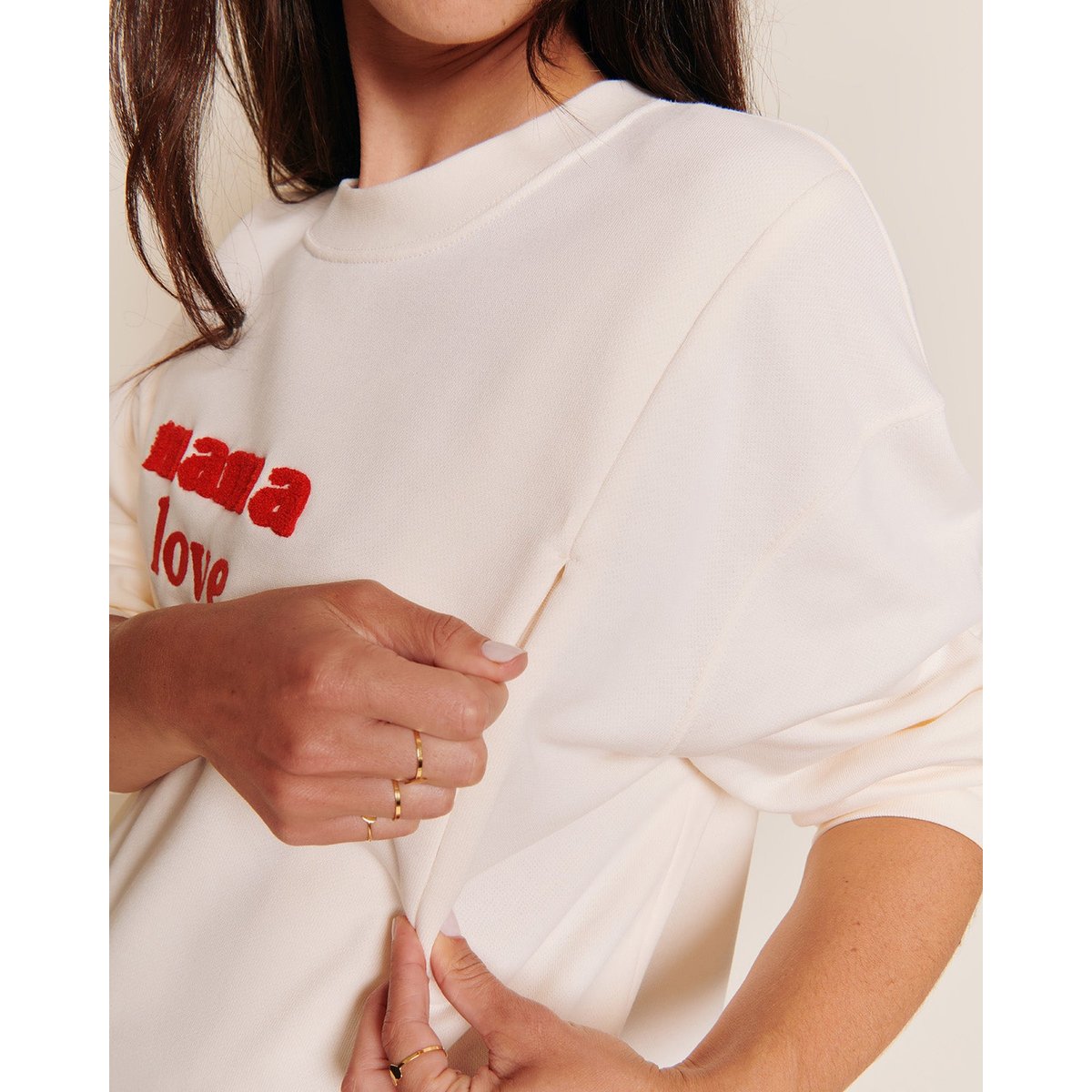 Sweat d'allaitement brodé en coton bio, LOVE ROUGE blanc - crème, EMOI EMOI