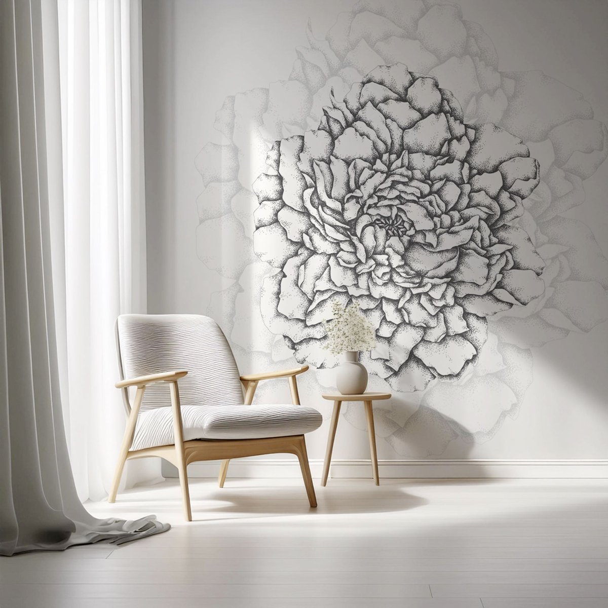Papier peint panoramique Cœur de pivoines, Jaune 150 x 250cm noir, ACTE DECO
