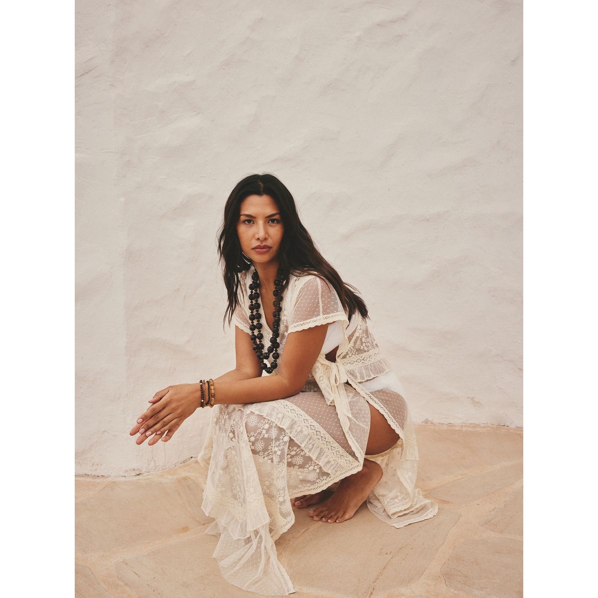 Robe caftan longue dentelle écru, NEXT