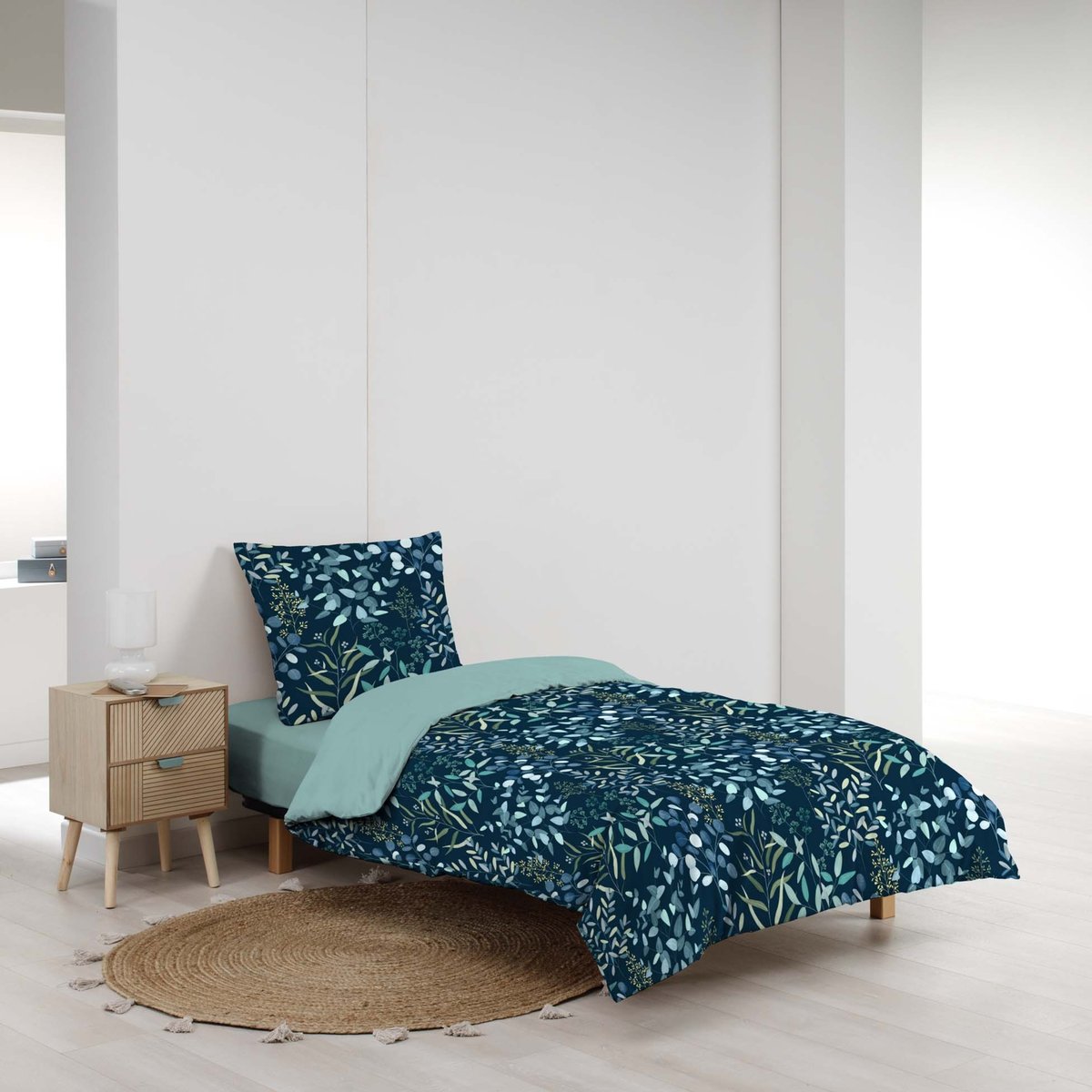 Parure de lit 2 pièces 100 % coton imprimé à motif végétal housse + taie bleu, DOUCEUR D'INTÉRIEUR