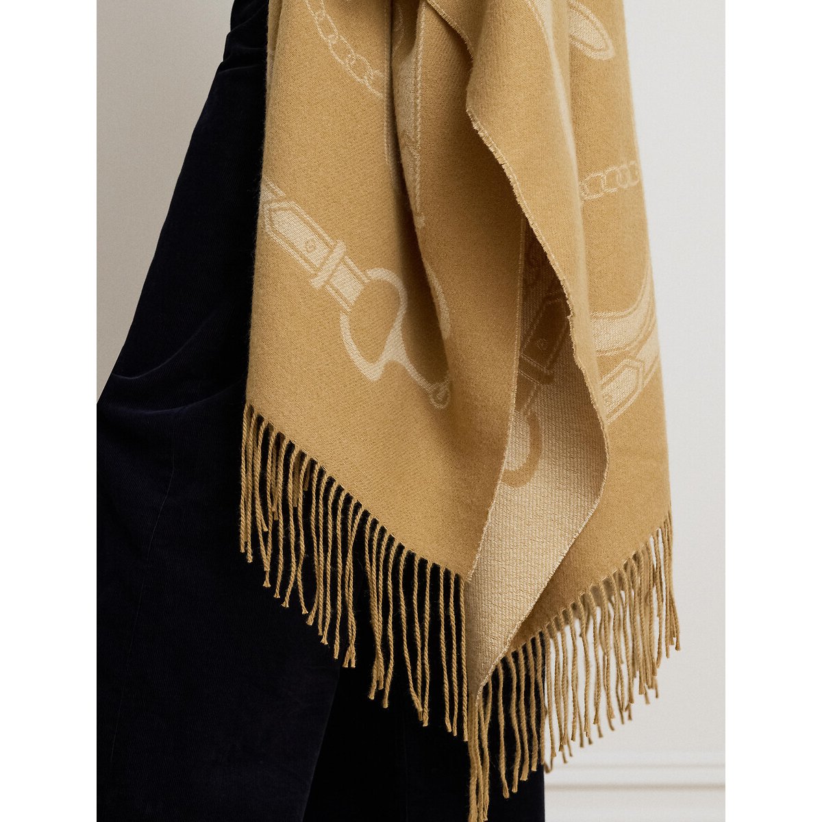 Poncho frangé, réversible, à motif équestre camel/beige, LAUREN RALPH LAUREN