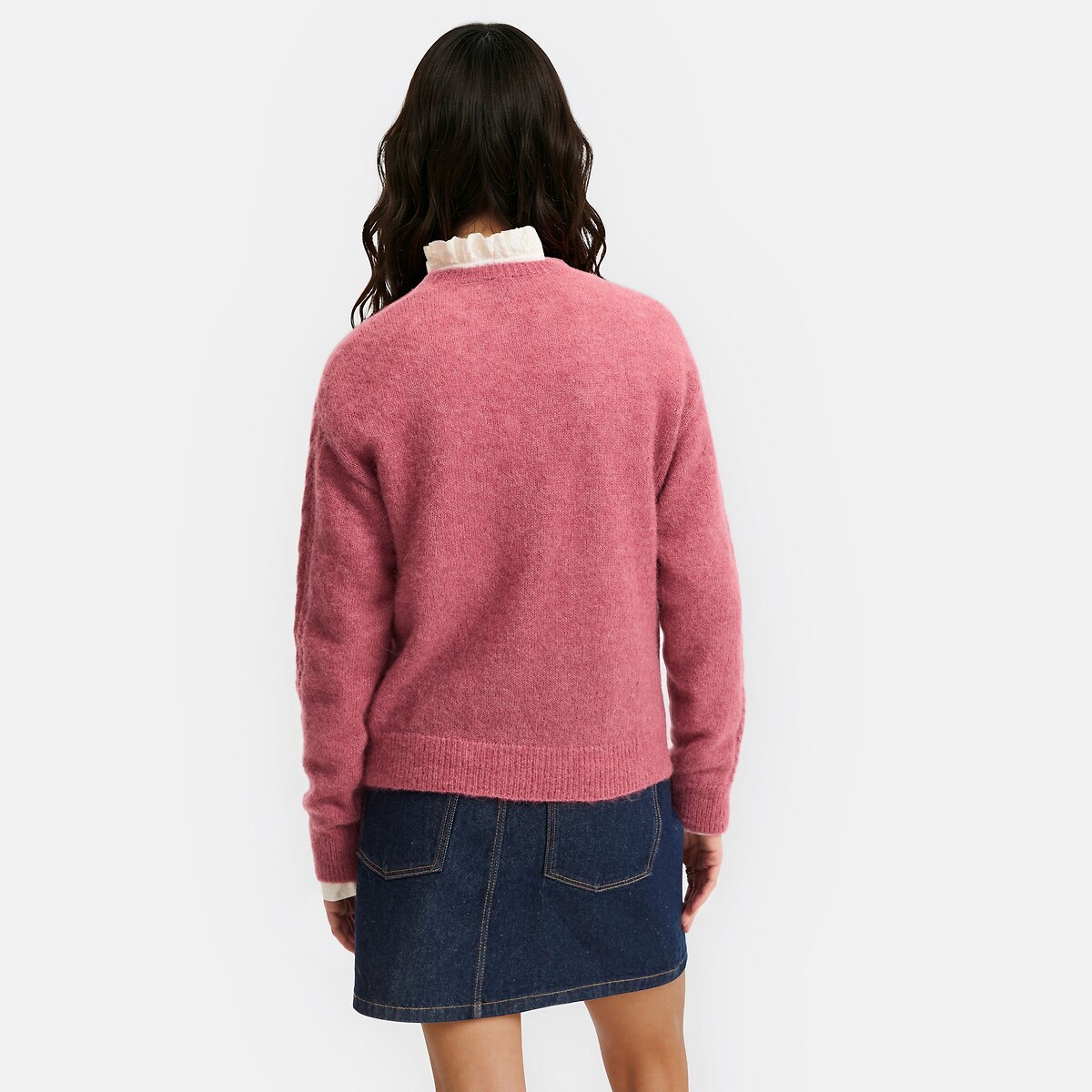 Pull col rond à manches torsadées, en alpaga mélangé rose, LA REDOUTE COLLECTIONS