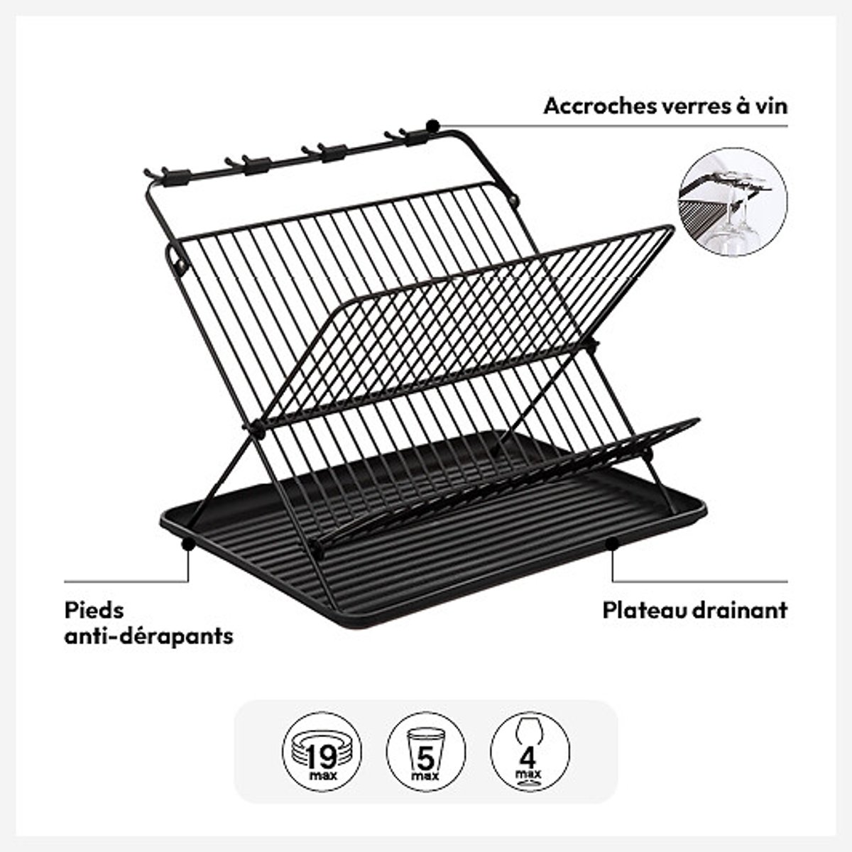 Égouttoir pliant 2 niveaux avec plateau BLACK EDITION noir, 5FIVE SIMPLY SMART