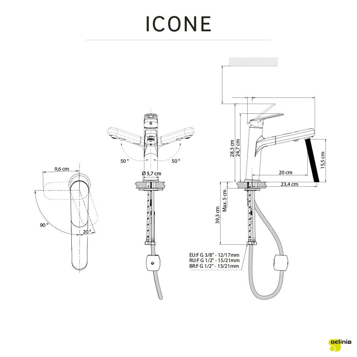 Robinet de cuisine avec douchette, ICONE noir, DELINIA