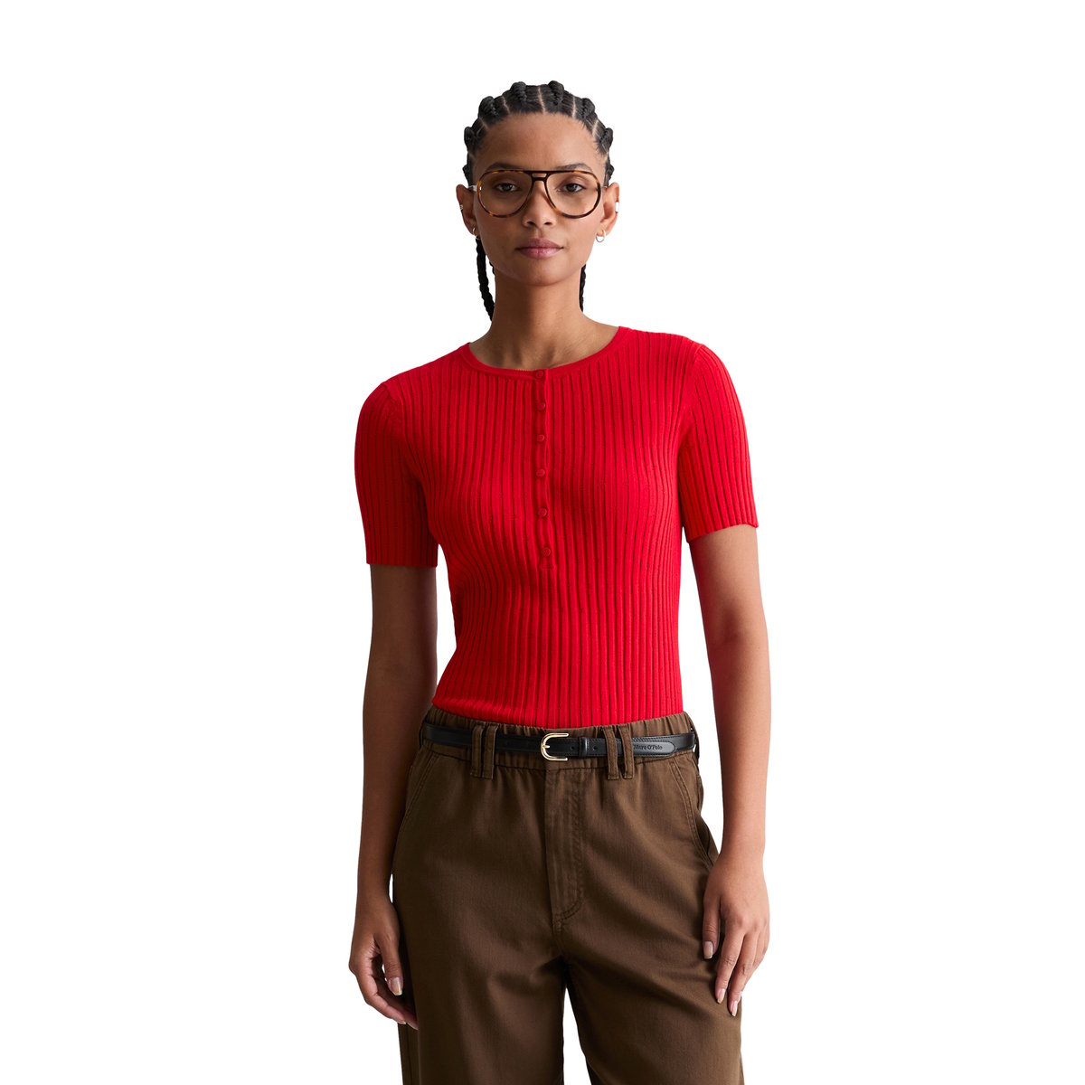 Pull à manches courtes en maille fine slim en LENZING™ ECOVERO™ rouge clair, MARC O’POLO DENIM