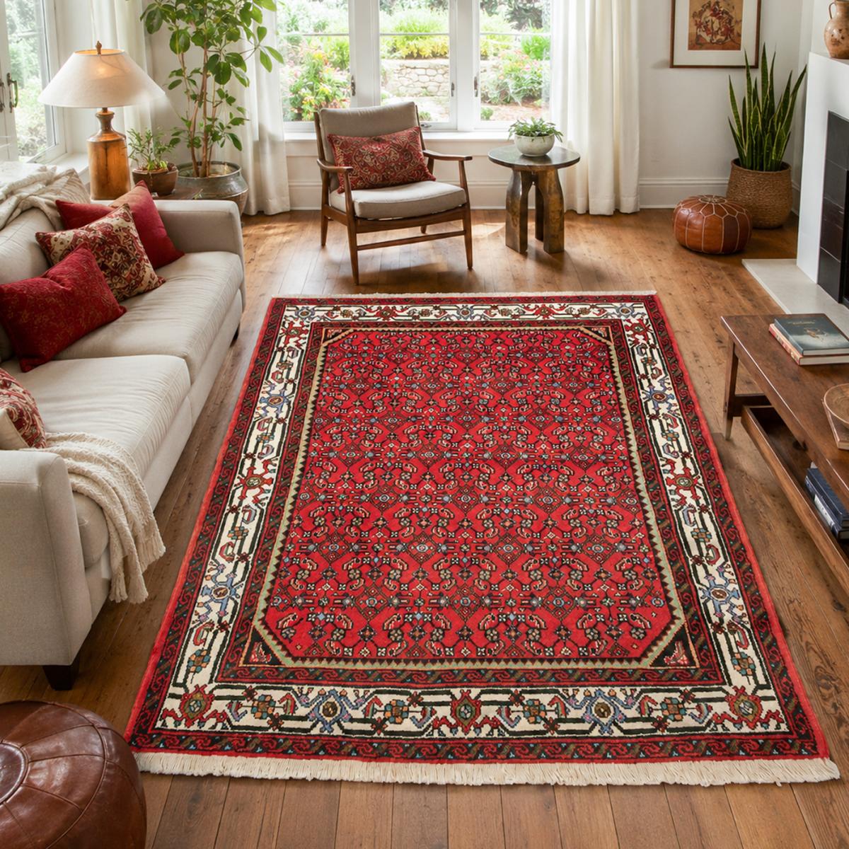 Tapis d'orient au motif oriental, noué main en laine, HAMADAN 21 rouge, crème, noir, UN AMOUR DE TAPIS