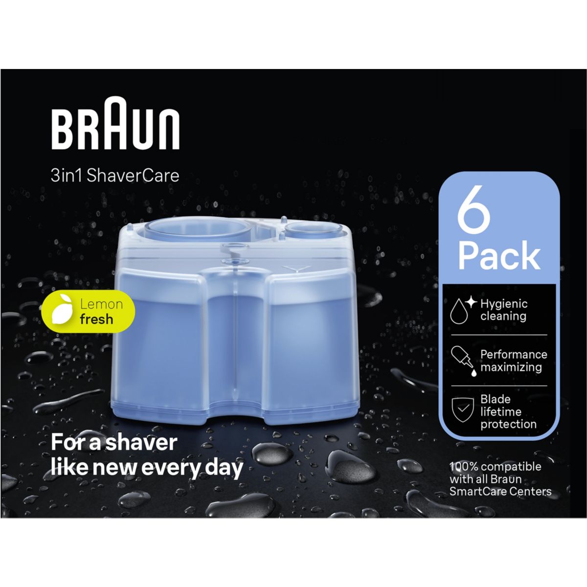 Cartouche nettoyante nettoyante ShaverCare 3-en-1 pour rasoir x6 cartouches couleur unique, BRAUN