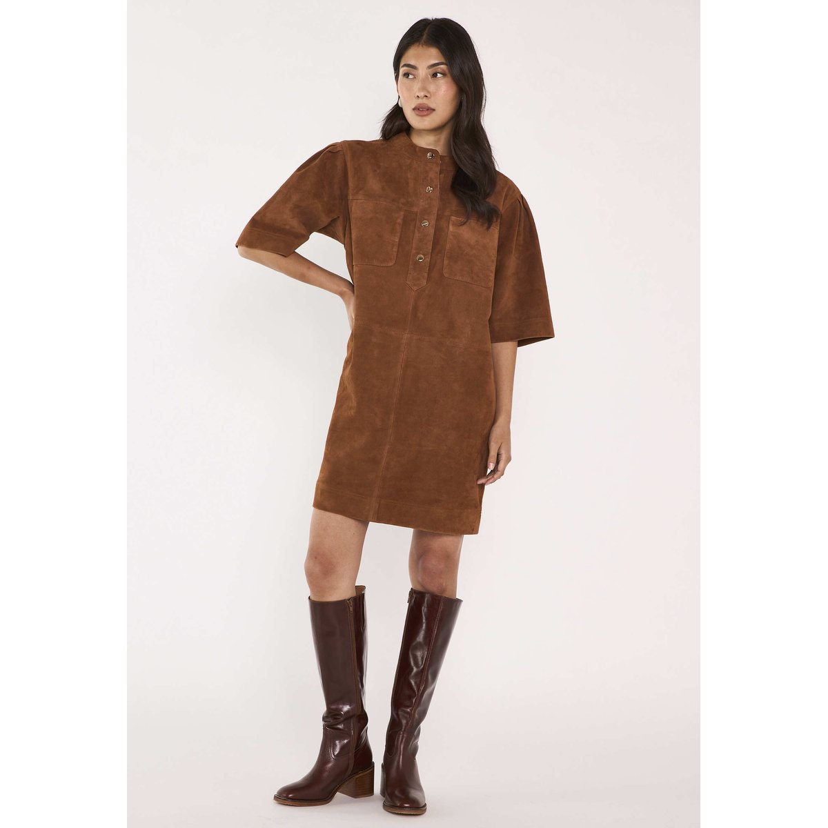 Robe droite en cuir suède PENNY camel fonce, Maison 123