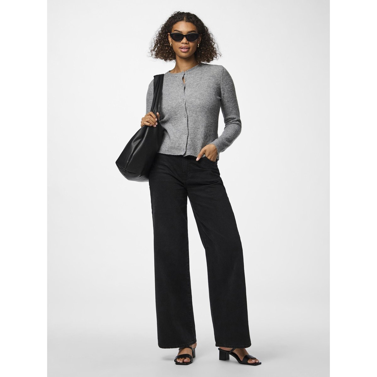 Gilet manches longues col rond medium grey melange, PIECES