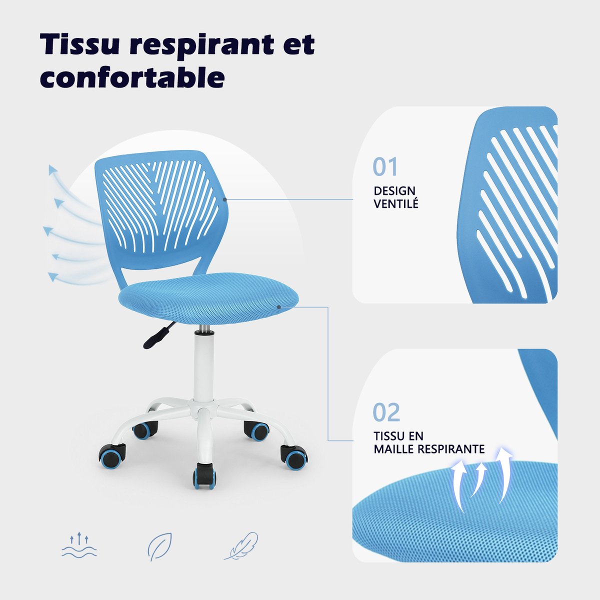 Chaise de bureau pivotante réglable en hauteur en maille, CARNATION bleu, MEUBLES COSY