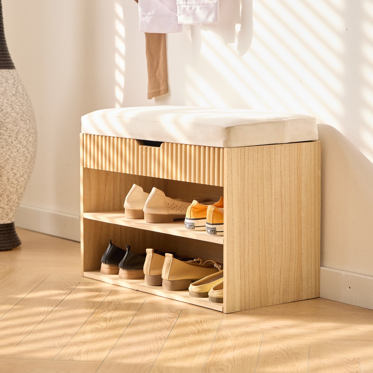 Meuble à chaussures, bois et velours, KUBO bois naturel, NORDLYS