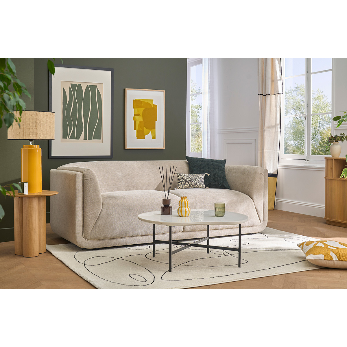 Canapé design 3 places en tissu chenille terre brûlée HOSBO beige, MILIBOO