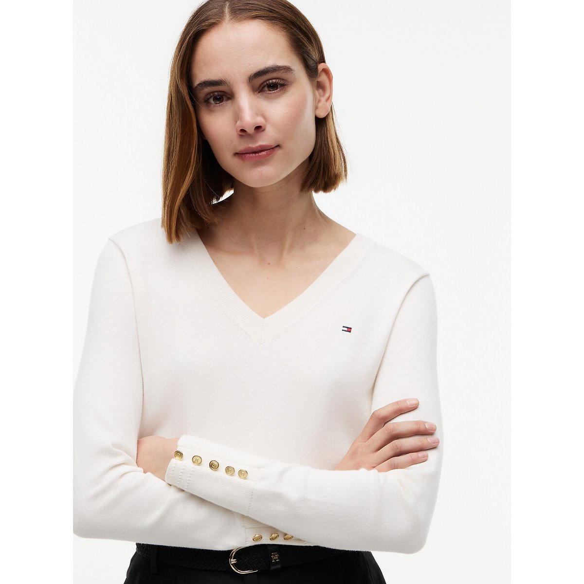 Buttoned Cuff V-Neck Jumper ivory, TOMMY HILFIGER