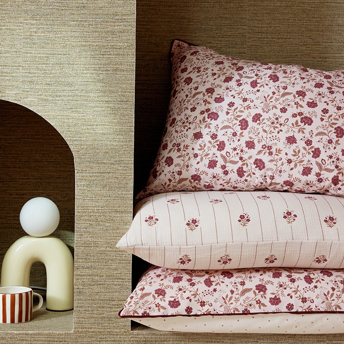 Taie d'oreiller imprimée en percale de coton, ORIENTAL GARDEN rose clair, ESSIX