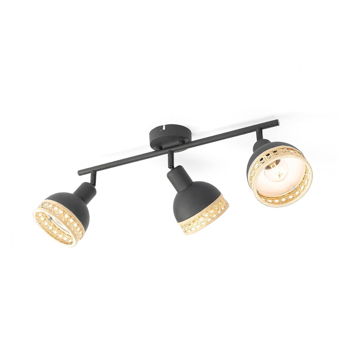 Spot en métal vintage, Lonnaris noir, rotin naturel, LINDBY