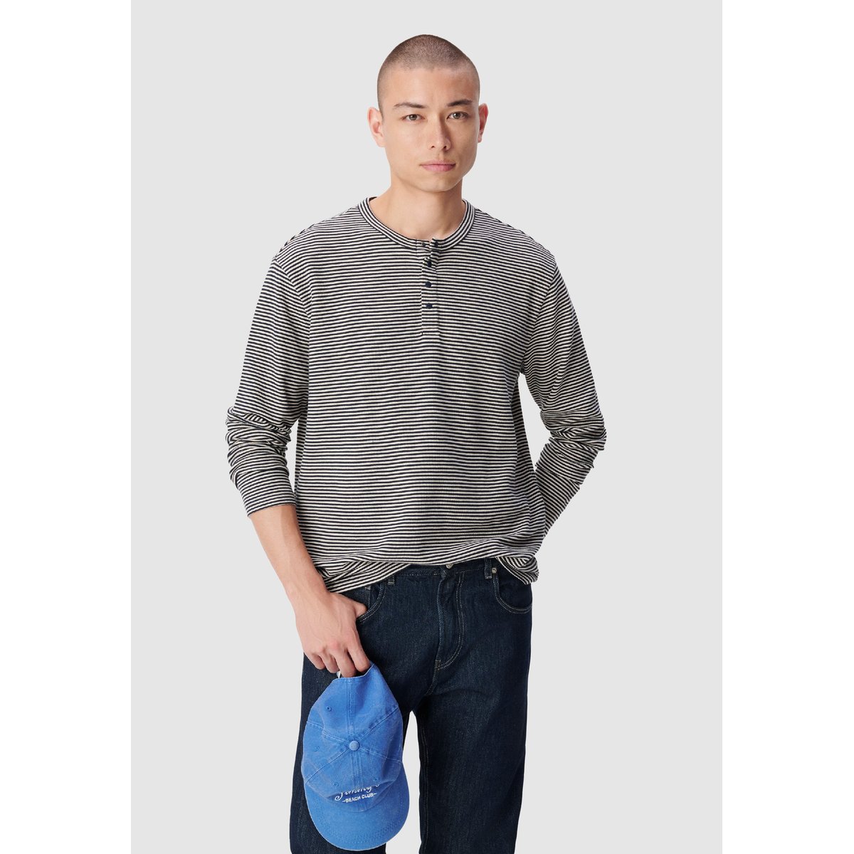 Tee-shirt rayé col tunisien bleu marine, IKKS