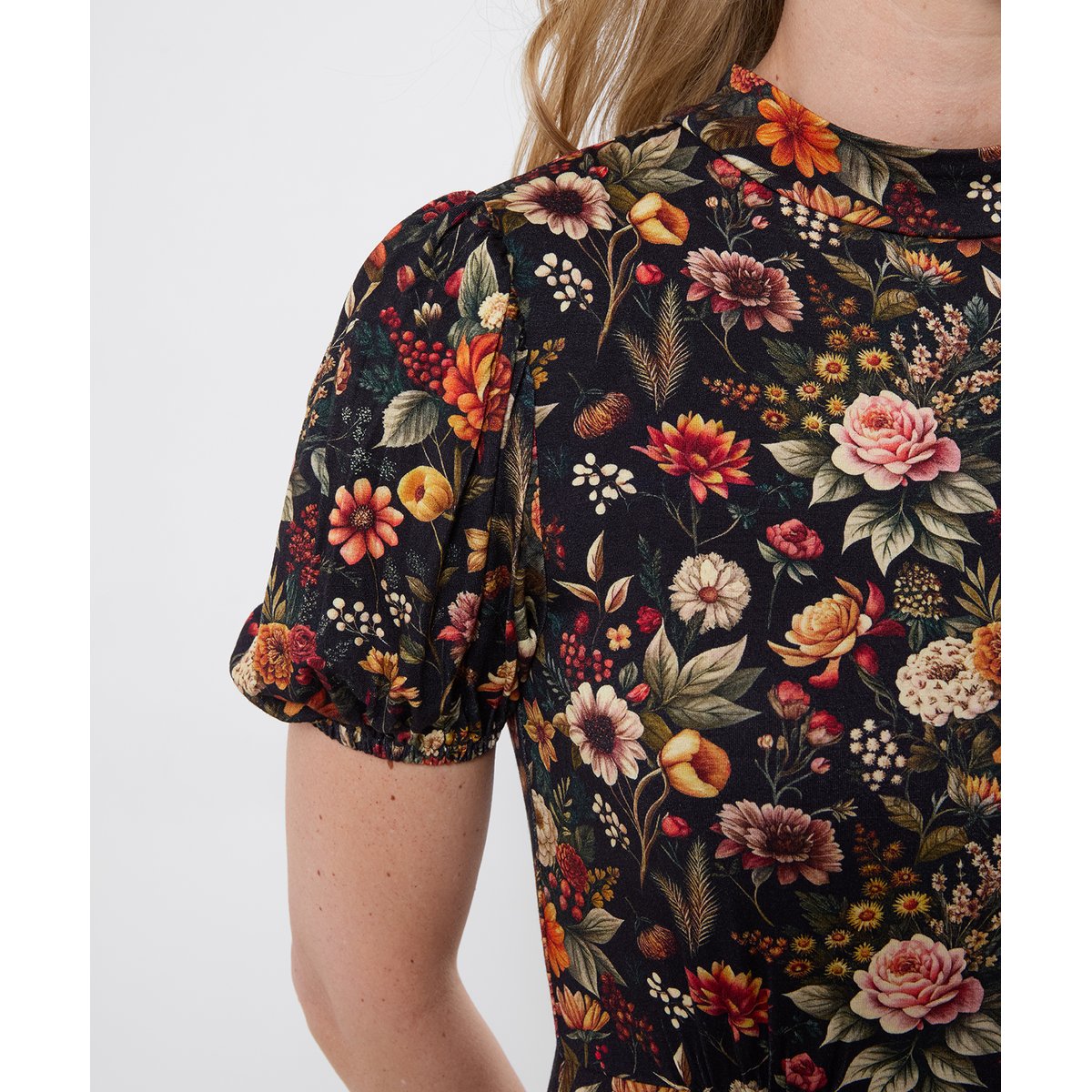 Robe Longue en Jersey à Col Montant Fleurs d'Automne noir, JOE BROWNS