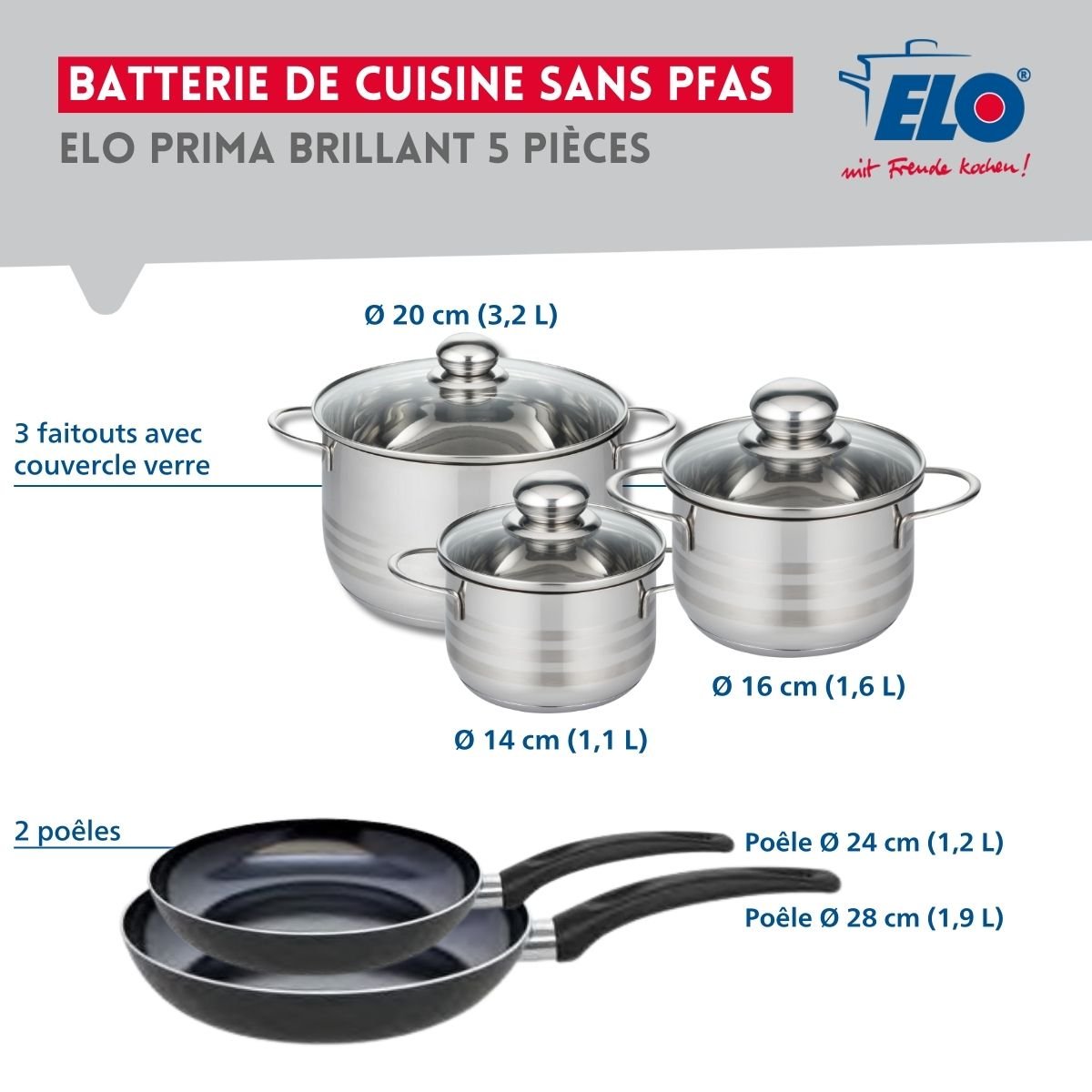 Batterie 2 poêles 24/28cm + 3 faitouts 14/16/20cm PRIMA BRILLANT noir, ELO