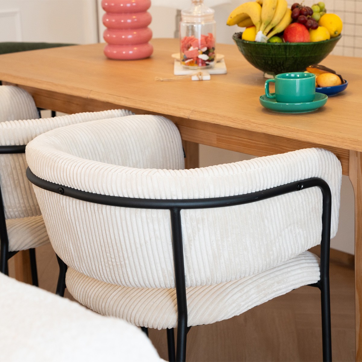 Lot de 2 fauteuils de table en velours côtelé, piètement noir - MALONE beige, HOMIFAB