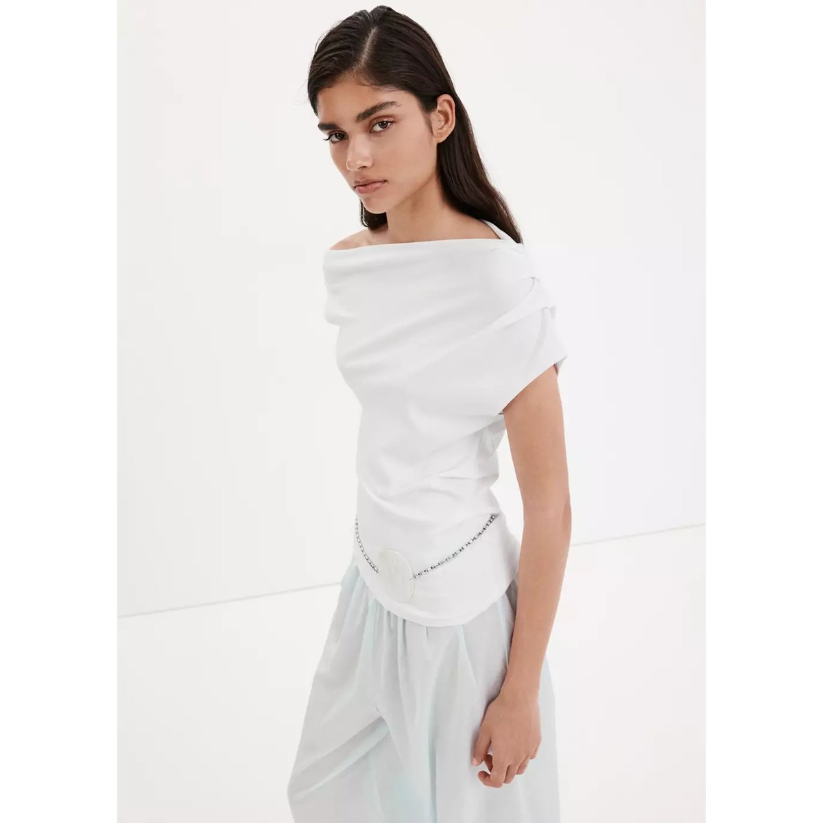 T-shirt asymétrique froncé blanc, MANGO