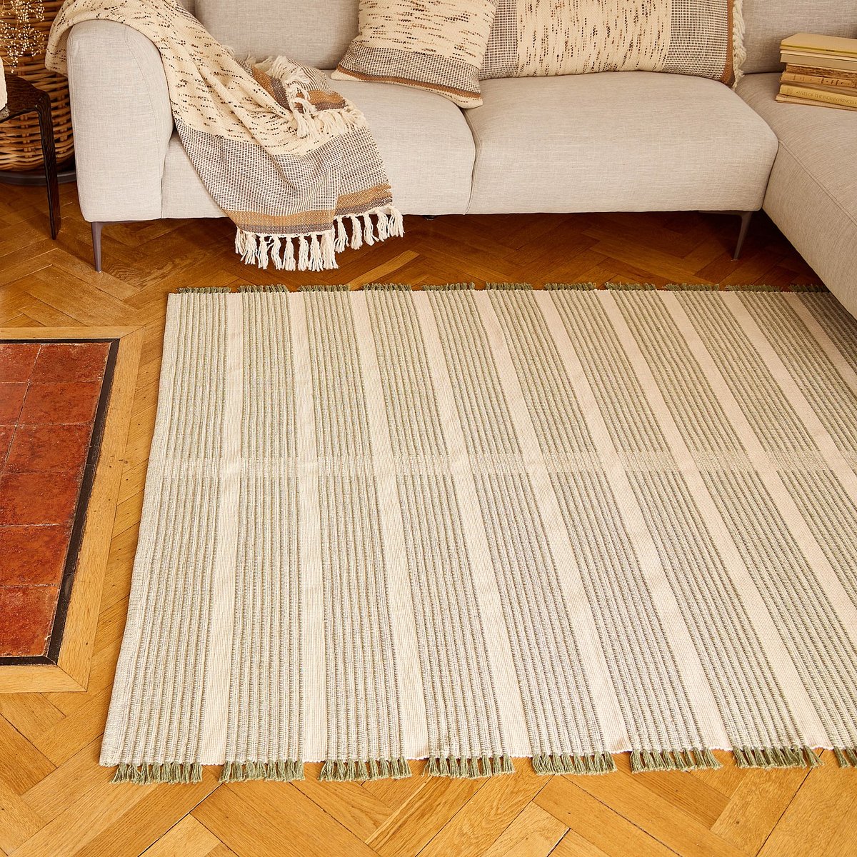 Tapis tissé en coton recyclé 160 x 230 cm motifs à rayures CLARENCE vert clair, HABITAT