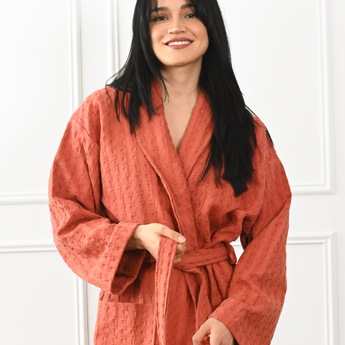 Peignoir mixte en coton WAFFLE KNOTE auburn, SENSEI MAISON
