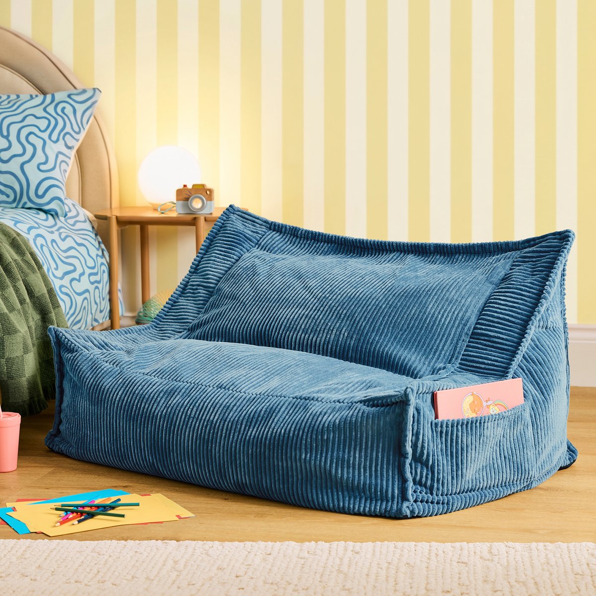 Pouf canapé enfant 2 places en velours côtelé Oeko-Tex® - ALTO bleu jeans, ICON