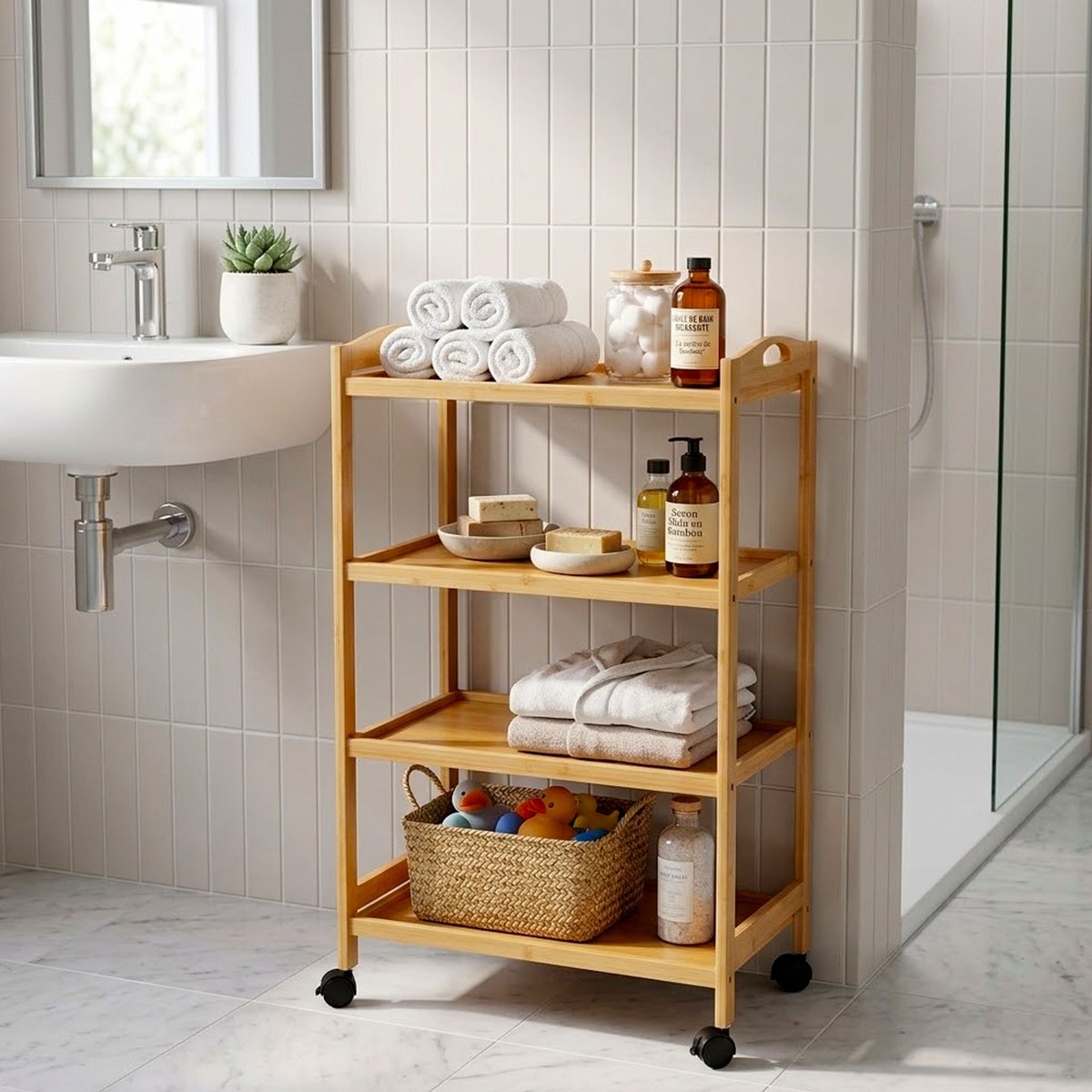 Chariot 4 niveaux sur roulettes bambou 60.5x33.5x91.5cm bois, VERSA