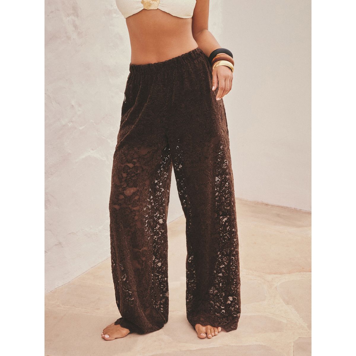 Pantalon large en dentelle chenille marron chocolat, NEXT