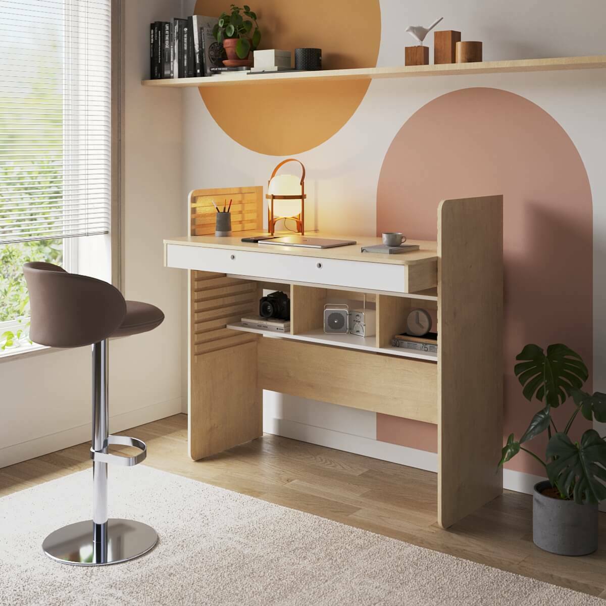 Bureau évolutif avec rangement LEWIS bois et blanc, AKITEN RETAIL