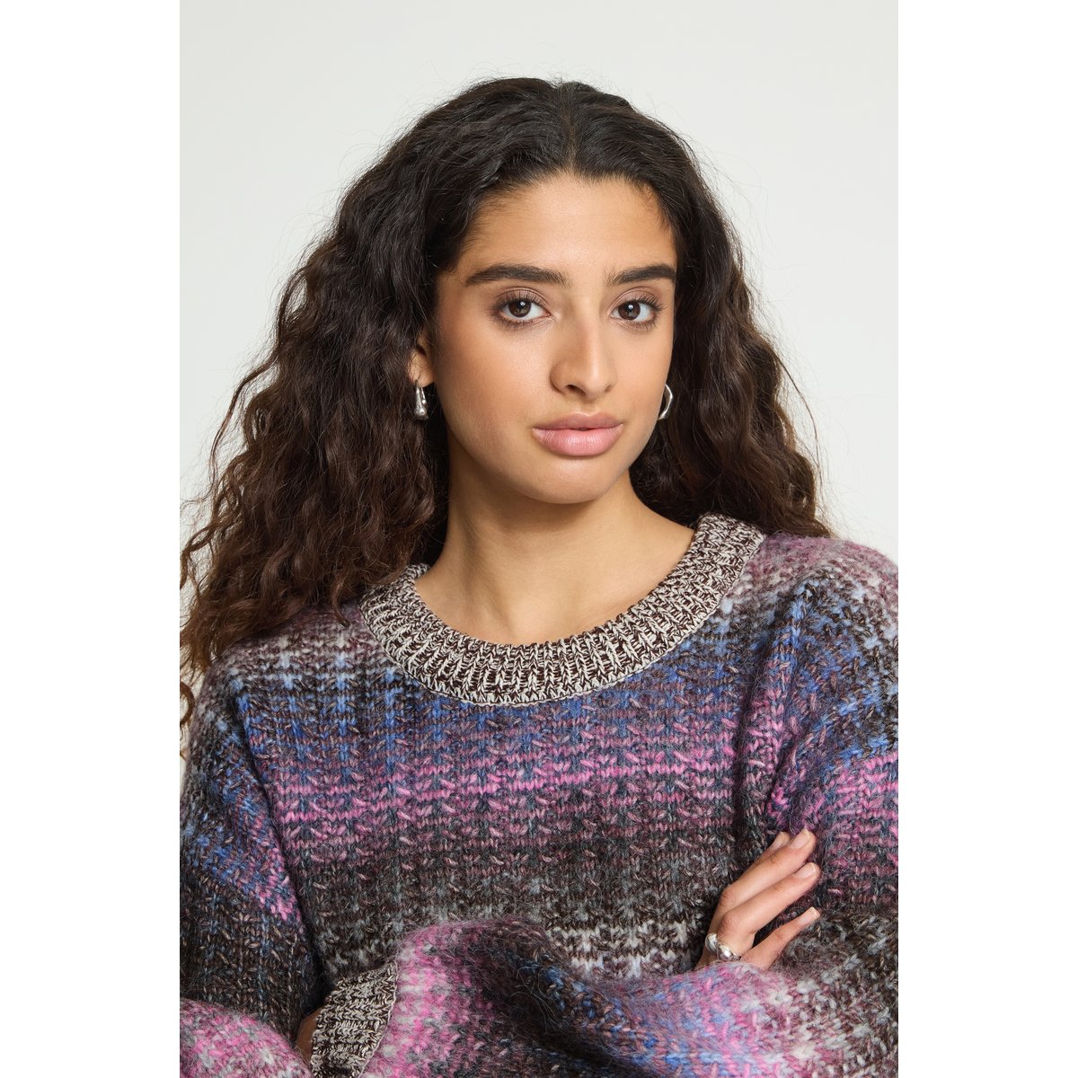 Pull en maille manches longues rose bleu marron pink blue brown mix, ICHI
