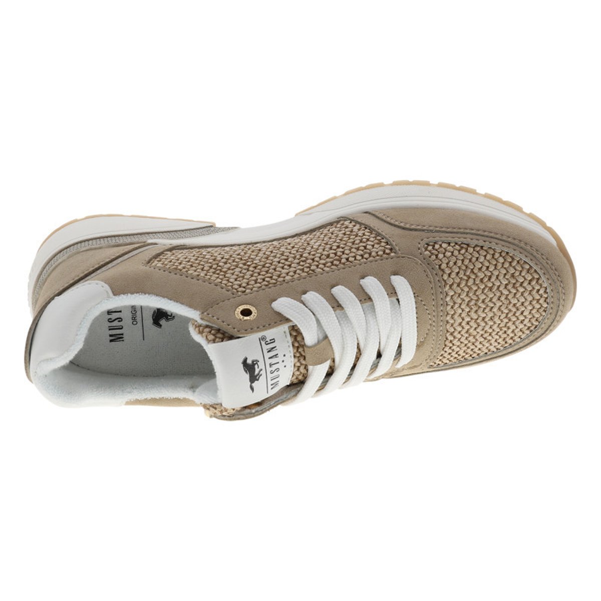 Baskets running beiges à talon plat avec des lacets plats et un zip latéral beige, MUSTANG
