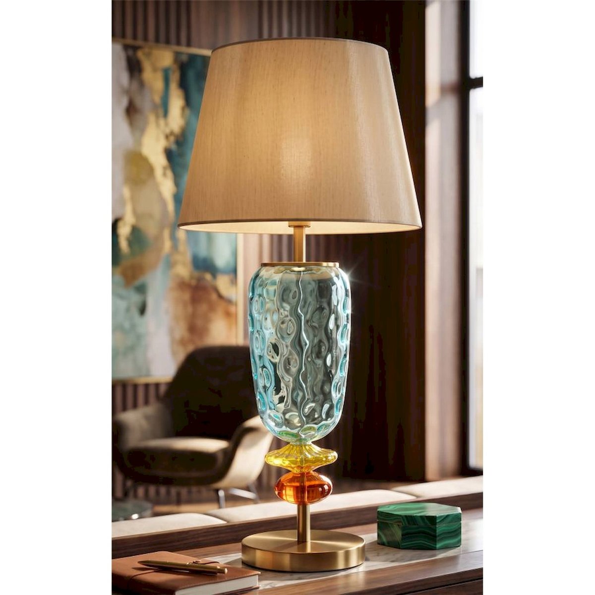 Lampe à poser verre soufflé abat-jour tissu GLAM multicolore, RECOLLECTION