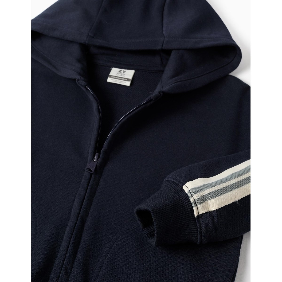 Sweat zippé en coton avec capuche et bande à rayures bleu foncé, ZIPPY