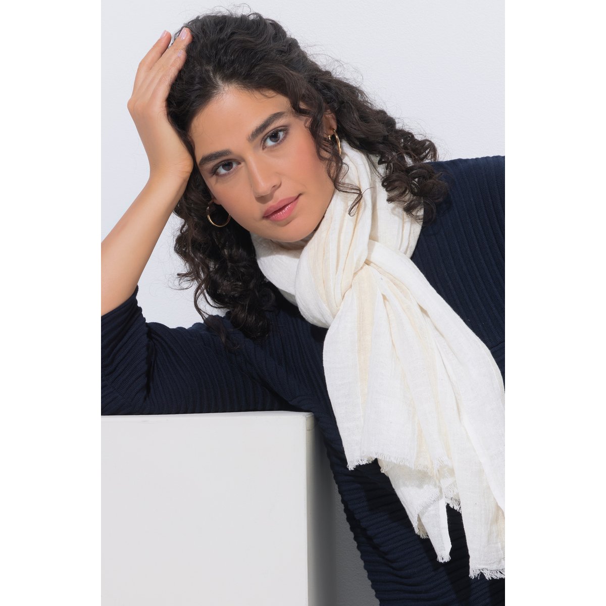 Écharpe en lin mélangé, rayures beige, ULLA POPKEN