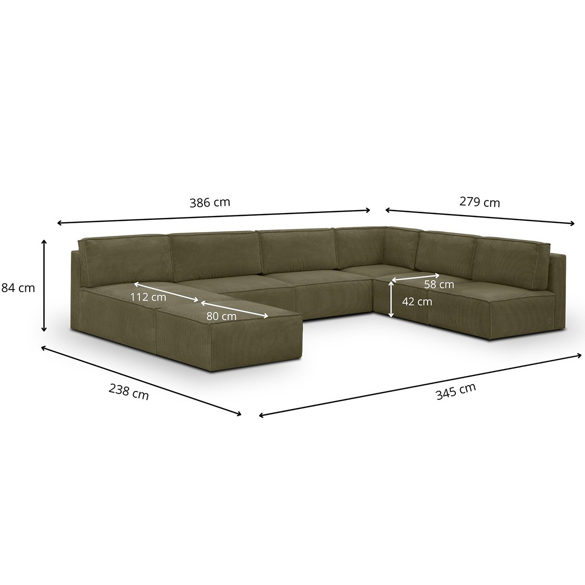 Canapé d'angle droit convertible 10+1 places en velours côtelé - HARPER MOD vert kaki, HOMIFAB