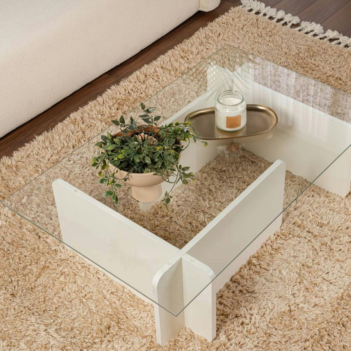 Table basse déstructurée, plateau verre SALTA blanc, PIER IMPORT