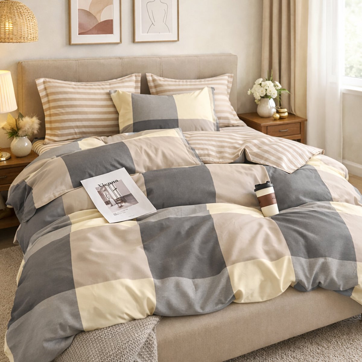 Parure de lit en percale de coton imprimé carreaux beige gris, Cytine multicolore, C DESIGN HOME TEXTILE