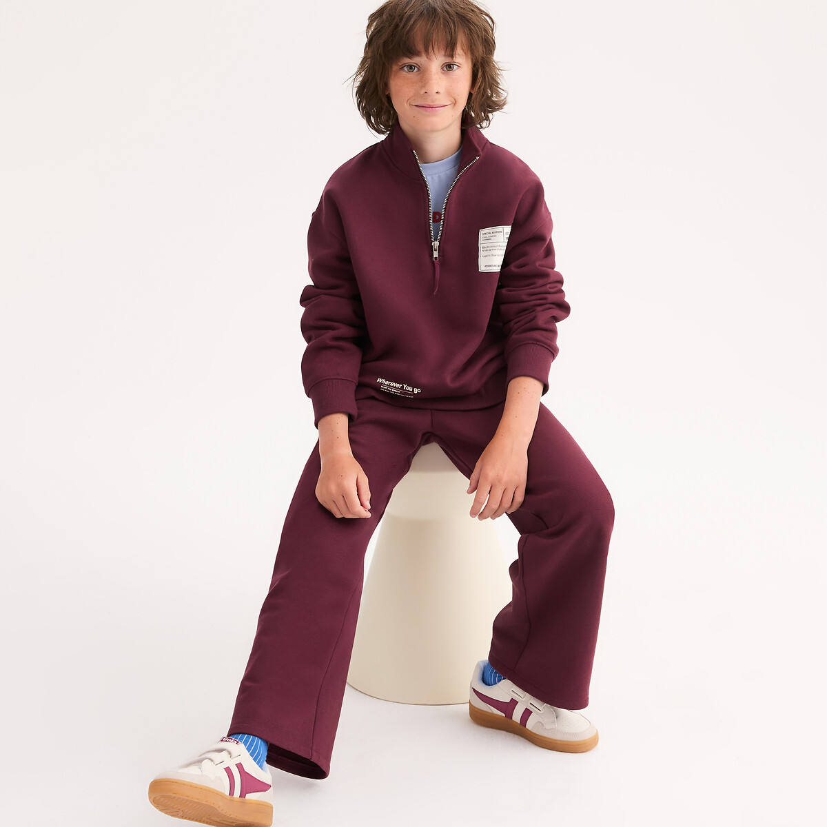 Ensemble 2 pièces, sweat col camionneur et pantalon de jogging, en molleton bordeaux, LA REDOUTE COLLECTIONS