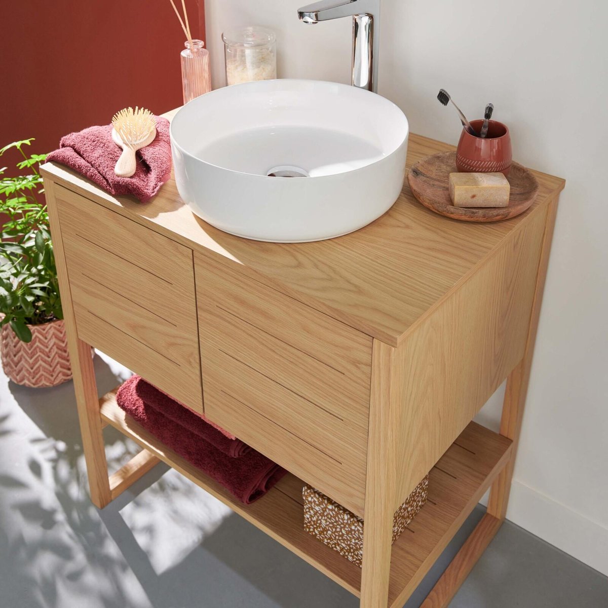 Meuble 70cm chêne naturel & vasque ronde blanche ATOLL couleur unique, MOB IN