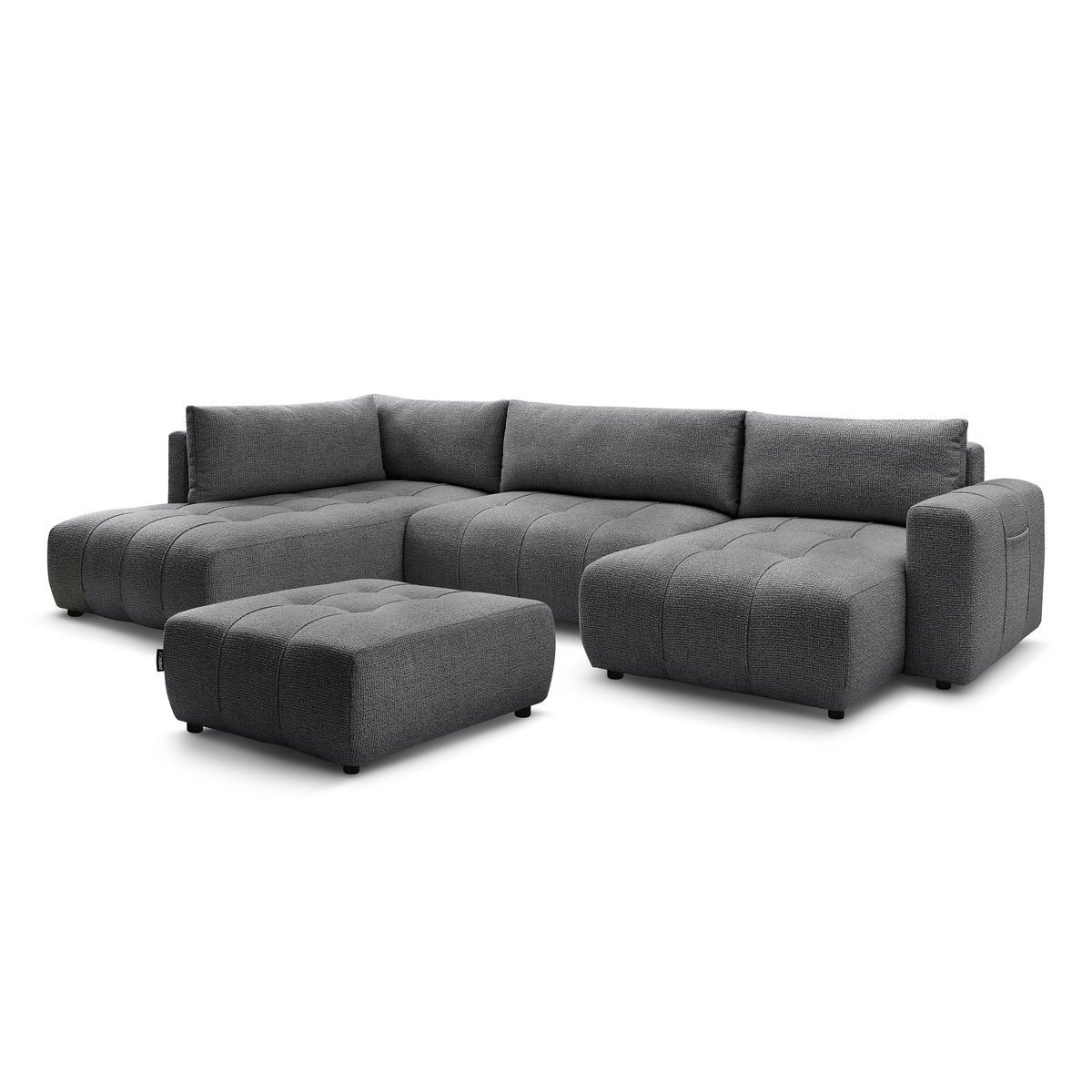 Canapé panoramique convertible 6 places en tissu chiné avec pouf, ARSENE gris foncé, BOBOCHIC