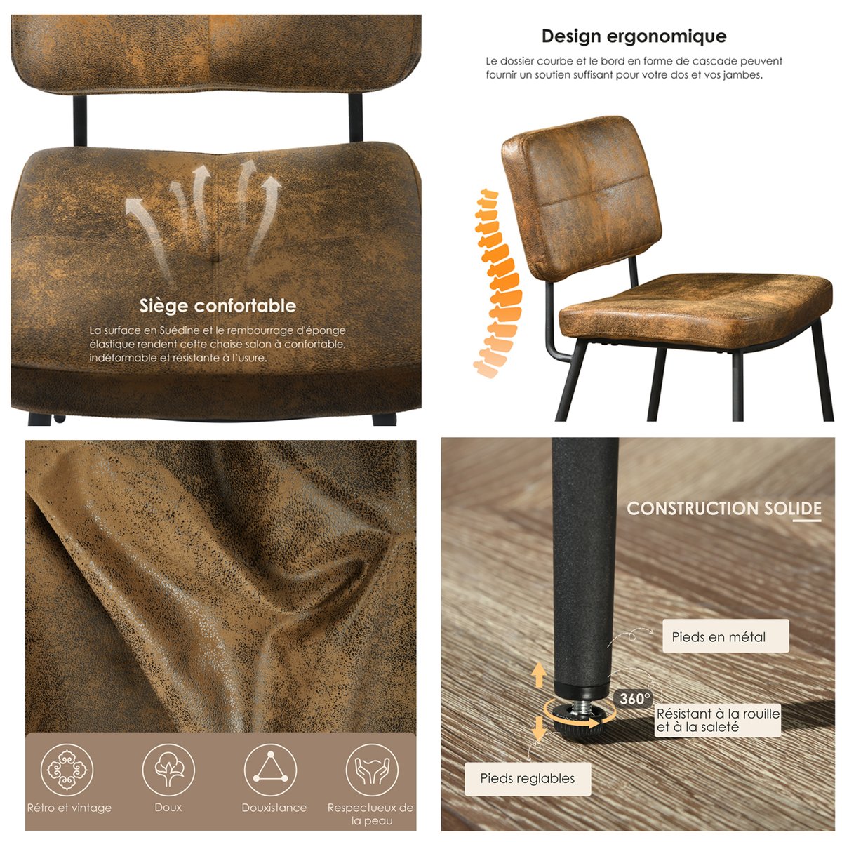 Lot de 6 chaises de salle à manger en marron style vintage rétro, KAROMI marron, MEUBLES COSY
