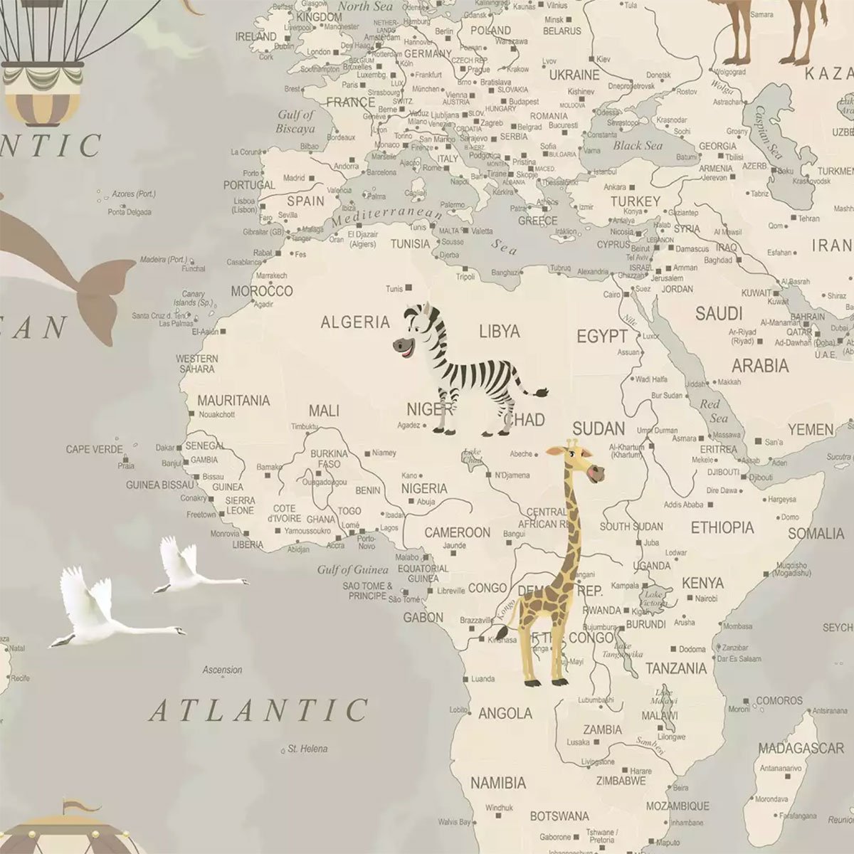 Papier peint enfant carte du monde et montgolfieres intissé, HEXOA
